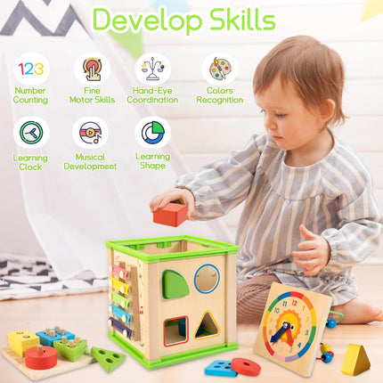 Wooden 7-in-1 Activity Cube – Montessori Educational Toy for Toddlers 1–3