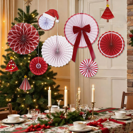 Christmas Hanging Paper Fans – Santa Hat with Gold Star Accents