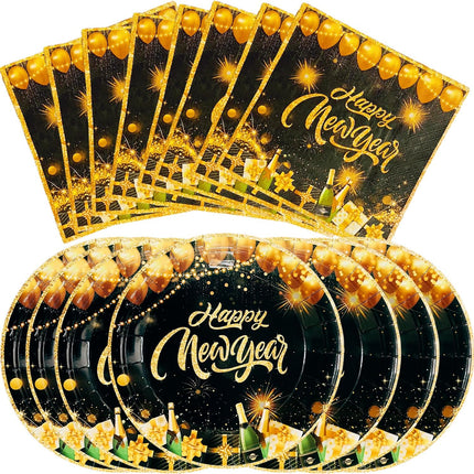 48-Piece Happy New Year Disposable Tableware – Gold Plates & Napkins