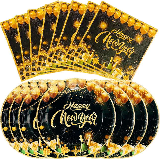 48-Piece Happy New Year Disposable Tableware – Gold Plates & Napkins