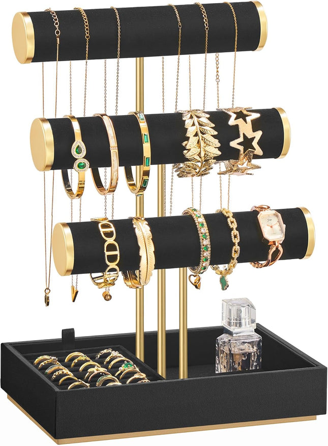 Jewelry Display Stand – 3-Tier Bracelet Holder with Velvet Tray & Removable Ring Holder