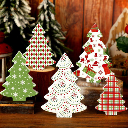 5PCS Wooden Christmas Tree Decor – Tiered Tray & Table Centerpieces Plaid Set