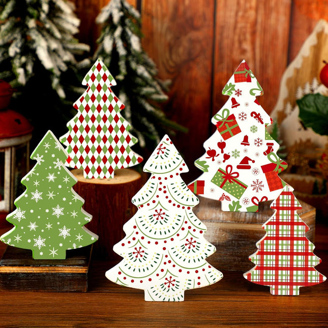 5PCS Wooden Christmas Tree Decor – Tiered Tray & Table Centerpieces Plaid Set