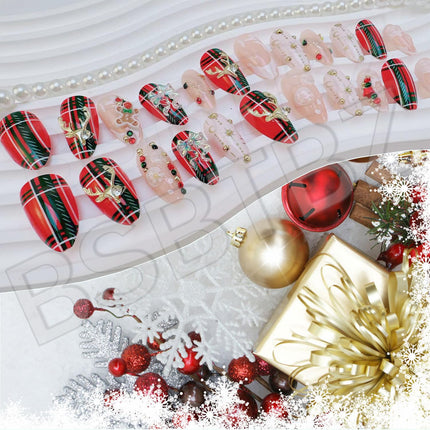 24PCS Christmas Fake Nails – Luxury Handmade Press-On Nails with 3D Bow, Elk & Rhinestone Charms