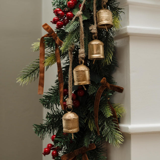 10PCS Rustic Golden Bells & Velvet Bows, Farmhouse Christmas Tree Ornaments Set