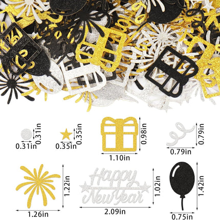 200-Piece New Year Table Confetti – Metallic Gold, Black & Silver Scatter