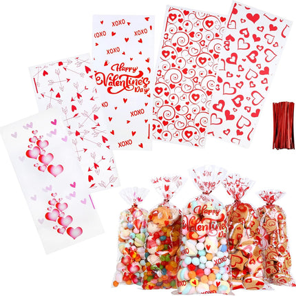 100 PCS Red Valentine’s Day Treat Bags: Heart Cellophane Bags with Twist Ties