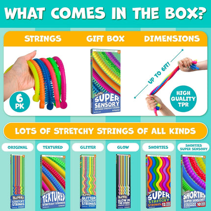 6 Pack Stretchy Strings Fidget Toy Set Sensory Stress Relief Fun Kids Toy