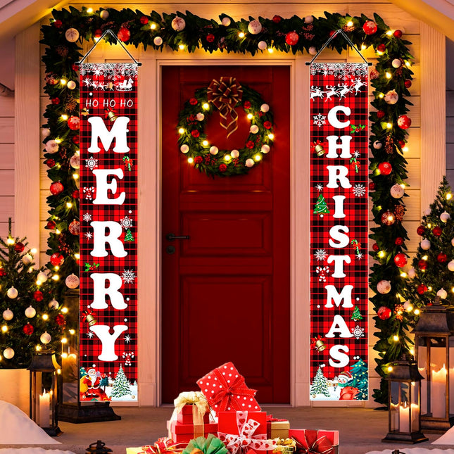 Merry Christmas Red Black Buffalo Plaid Sign Set, Indoor Outdoor Front Door Decor