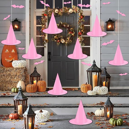 12 Hanging Black & Pink Witch Hats with 16 3D Bat Stickers, Halloween Decor