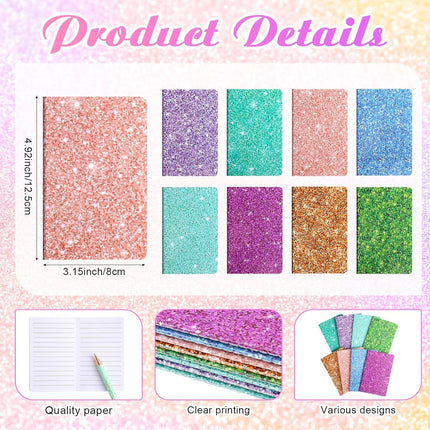 16 Pack Glitter Pens & Notepads – 8 Mini Notebooks, 8 Sparkly Ballpoint Pens, Gift Set