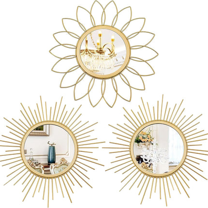 3 Pack Metal Wall Mirrors, Gold Sunburst & Flower Design, Decorative Home Art