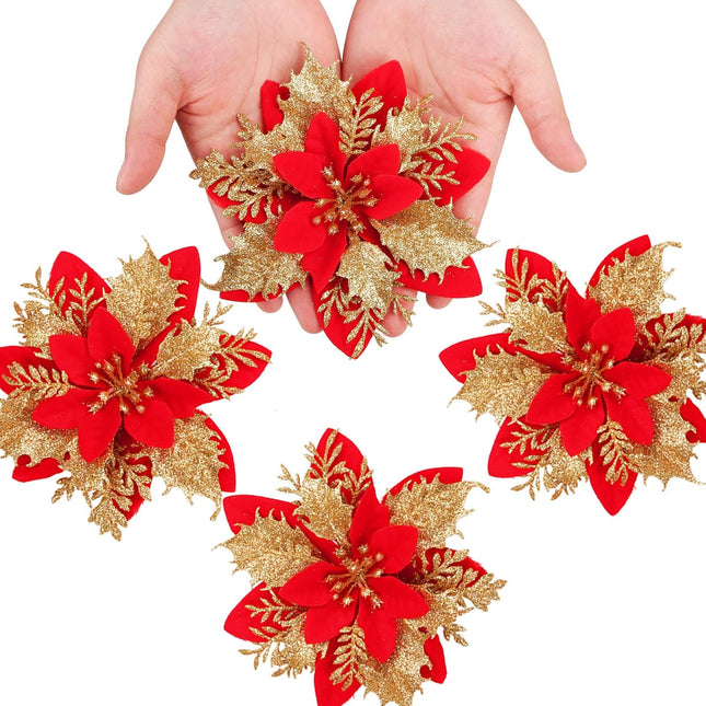 12 PCS Red & Gold Poinsettia Flowers – Xmas Tree & Holiday Decoration