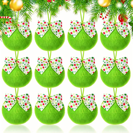 12pcs Lime Green Furry Christmas Balls – Soft Ornaments for Tree & Home Decor