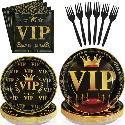 96pcs VIP Party Tableware Set – Red Carpet Plates & Napkins for 24 Guests