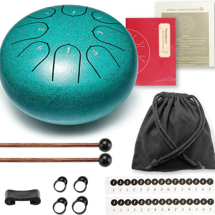 6-Inch Steel Tongue Drum, 8 Notes, Percussion Instrument, Malachite Color