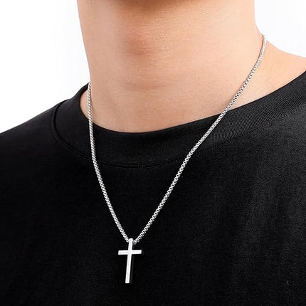 Cross Necklace for Men Stainless Steel Pendant 2.5mm Box Chain Silver Gold Black