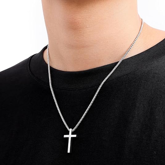 Cross Necklace for Men Stainless Steel Pendant 2.5mm Box Chain Silver Gold Black