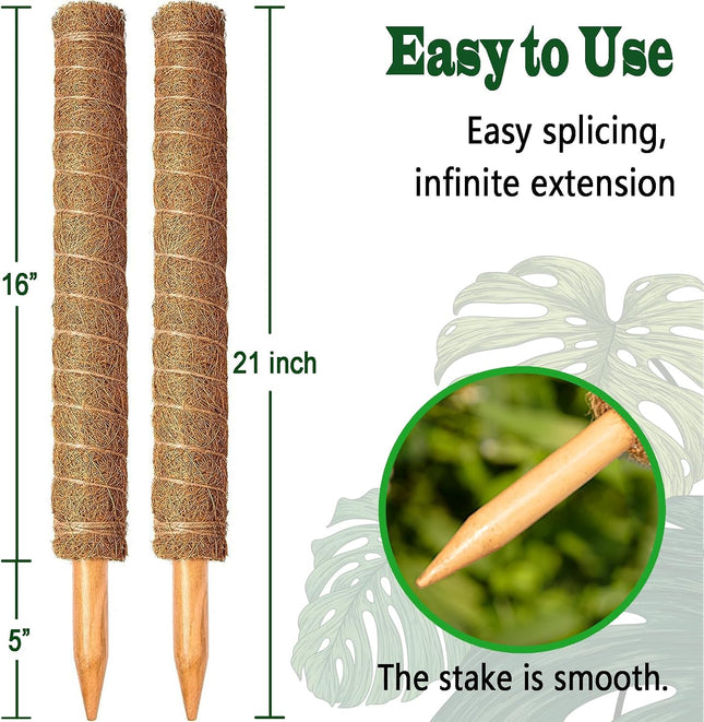 2-Pack Stackable Coir Moss Poles for Climbing Plants, 21-Inch Plant Support Stakes