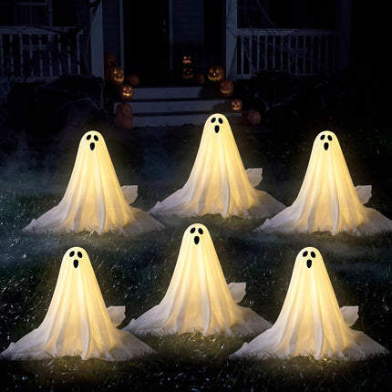 6-Pack 18in White Halloween Ghost Solar Lights, Yard Stakes for Lawn & Garden Decor