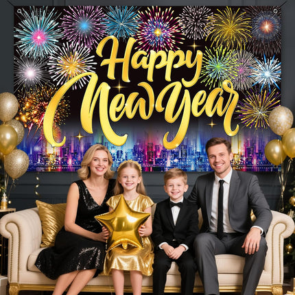 Happy New Year 2026 Banner – Fireworks Party Photo Booth Background