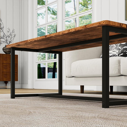 Rectangular Coffee Table Black Metal Frame Rustic Brown Wood Top for Living Room