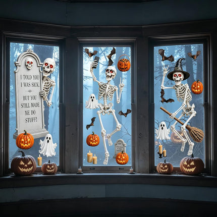 6-Sheet Extra Large Halloween Window Clings, Reusable Skeleton Bat Ghost Pumpkin Decals