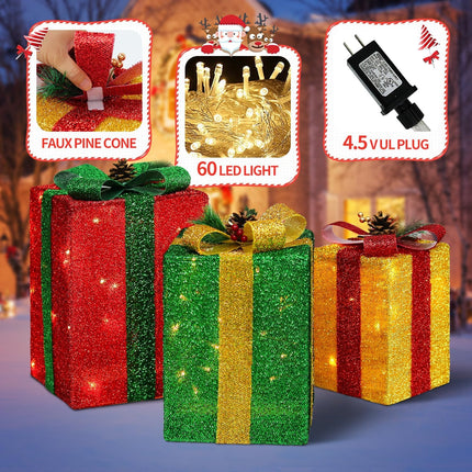 3-Piece Tall Rectangular Lighted Christmas Gift Boxes, 60 LED Lights for Festive Decoration