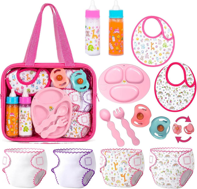 My Sweet Baby 13pc Doll Feeding Diaper Bag Set Pretend Play Care Kit Fits 12-18" Dolls