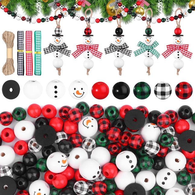 DIY Christmas Snowman Beads Kit | Buffalo Plaid Wooden Beads & Twine Scarf