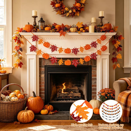 6-Piece Fall Thanksgiving & Halloween Felt Garland, Pumpkin Leaves Turkey Ghost Decor