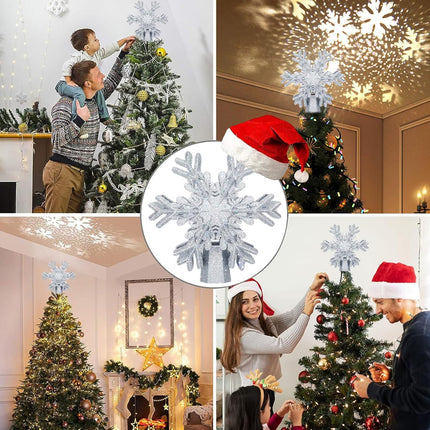 3D Silver Snowflake Projector Christmas Tree Topper - Hollow Pattern Holiday Decor
