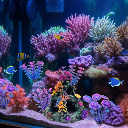 Colourful Aquarium Coral Reef Decoration Set Resin Mountain with 4 Aquatic Plants