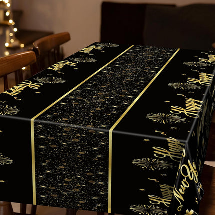 3-Piece NYE Table Covers – 108×54in Black & Gold Firework Tablecloths