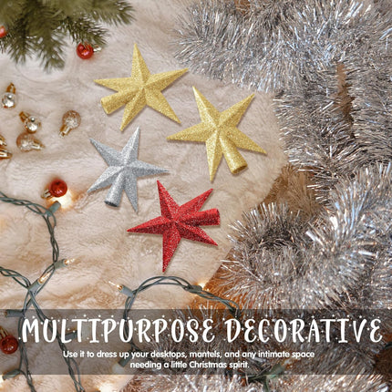 6 PCS Mini Christmas Tree Topper – 4" Glitter Star Ornaments (Silver, Red, Gold)