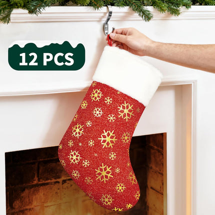 12pcs Red Christmas Stockings 18” – Gold Snowflakes, Sparkling Holiday Decor