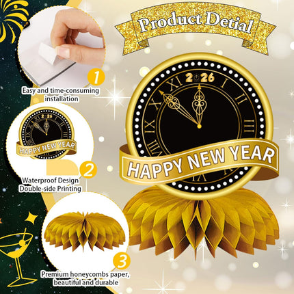 Happy New Year 2026 Table Decorations – 8-Pc Honeycomb Centerpieces