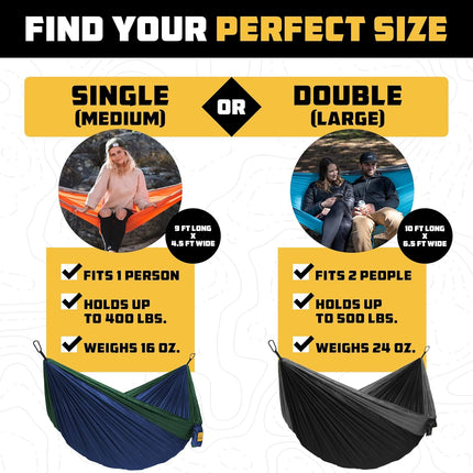 Camping Hammock 500Lbs Portable with Tree Straps, Single or Double, Hiking Gear