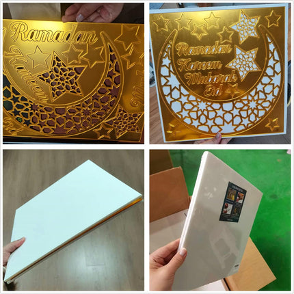 Gold Acrylic Ramadan Mubarak Eid Kareem Sign - Crescent Moon & Stars Wall Decor