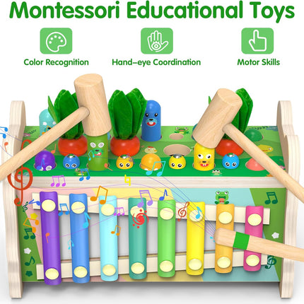 6-in-1 Montessori Wooden Toy – Mole Game, Xylophone & Clock for Ages 1–4