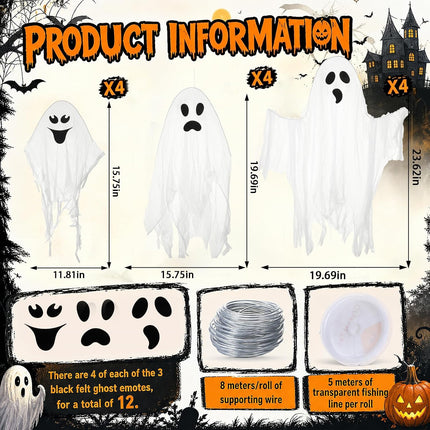 12-Piece Halloween Hanging Ghosts, 3 Sizes White Swinging Flying Ghost Yard Decor