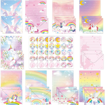 160PCS Letter Writing Set – 50 Papers, 50 Envelopes, 60 Stickers, Rainbow Unicorn