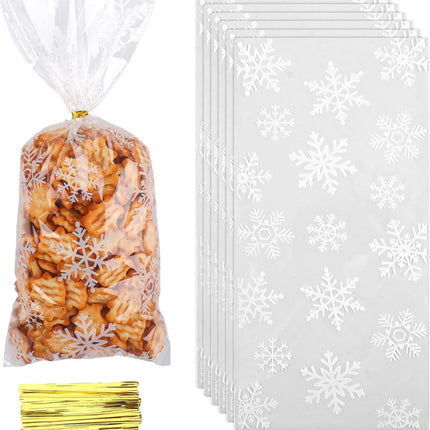 50PCS Holiday Party Treat Bags – Clear Snowflake Candy & Cookie Bags
