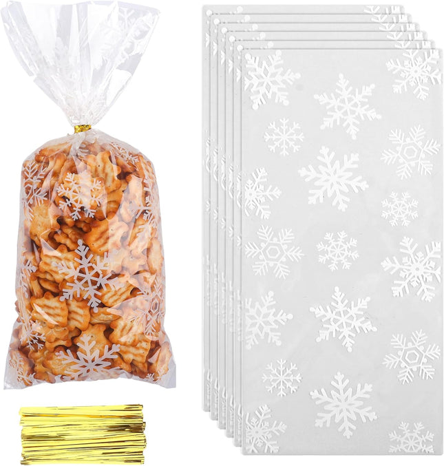 50PCS Holiday Party Treat Bags – Clear Snowflake Candy & Cookie Bags