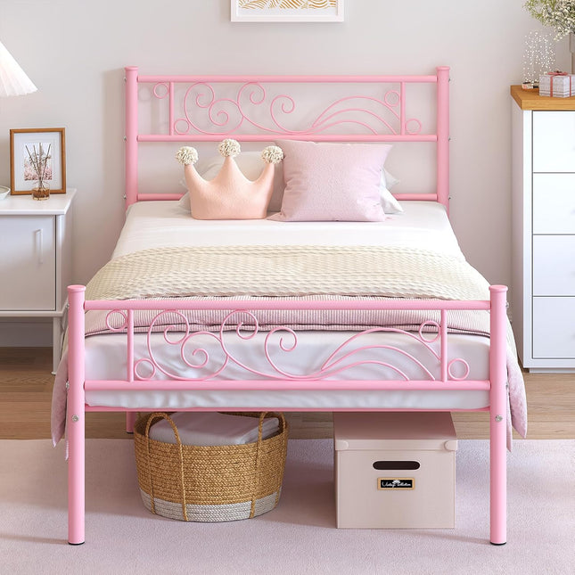 Pink Twin Metal Bed Frame Headboard, Heavy-Duty Steel Slats and 11.2-Inch Underbed Storage