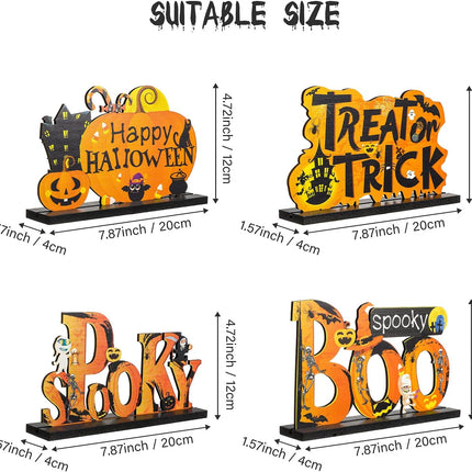 4-Piece Halloween Wooden Table Centerpieces, Pumpkin BOO Trick or Treat Signs