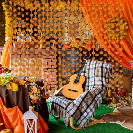 Orange Maple Leaves Foil Fringe Curtains 2 Pack Tinsel Backdrop for Fall and Birthday Parties