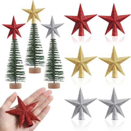 6 PCS Mini Christmas Tree Topper – 4" Glitter Star Ornaments (Silver, Red, Gold)