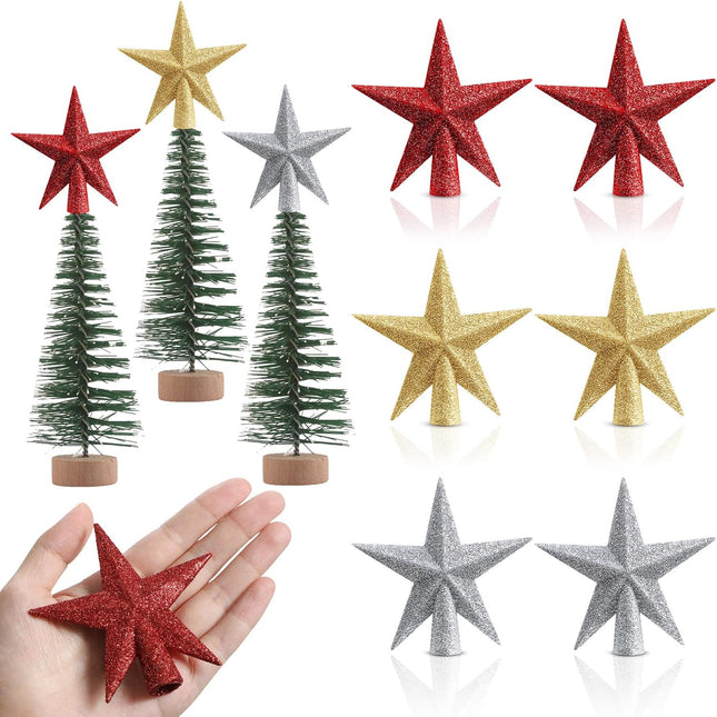 6 PCS Mini Christmas Tree Topper – 4" Glitter Star Ornaments (Silver, Red, Gold)