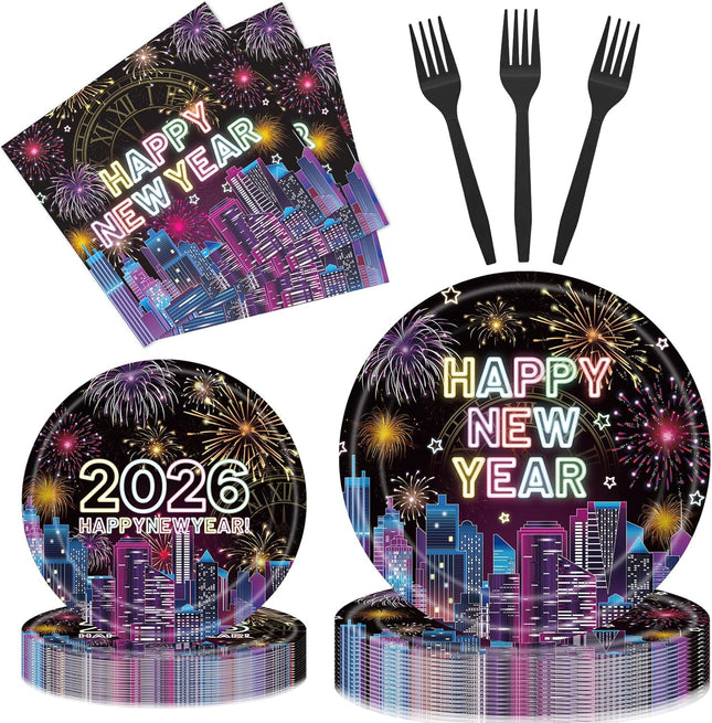 96 PCS Happy New Year 2026 Plates & Napkins Party Supplies Tableware Set